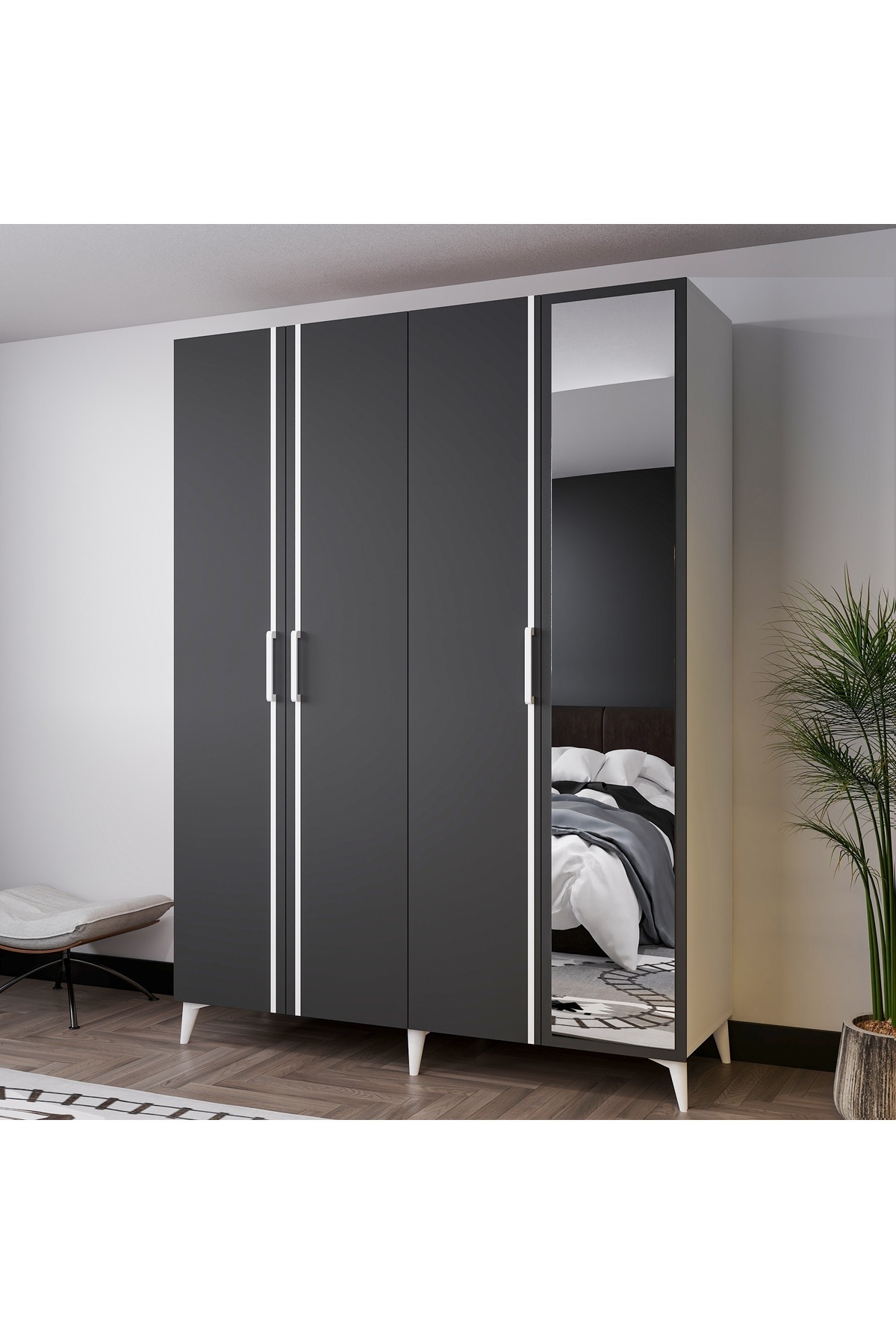 AZZURİ MEZZO 140 cm 4 Kapaklı Aynalı Genç Odası Dolabı-Gardırop