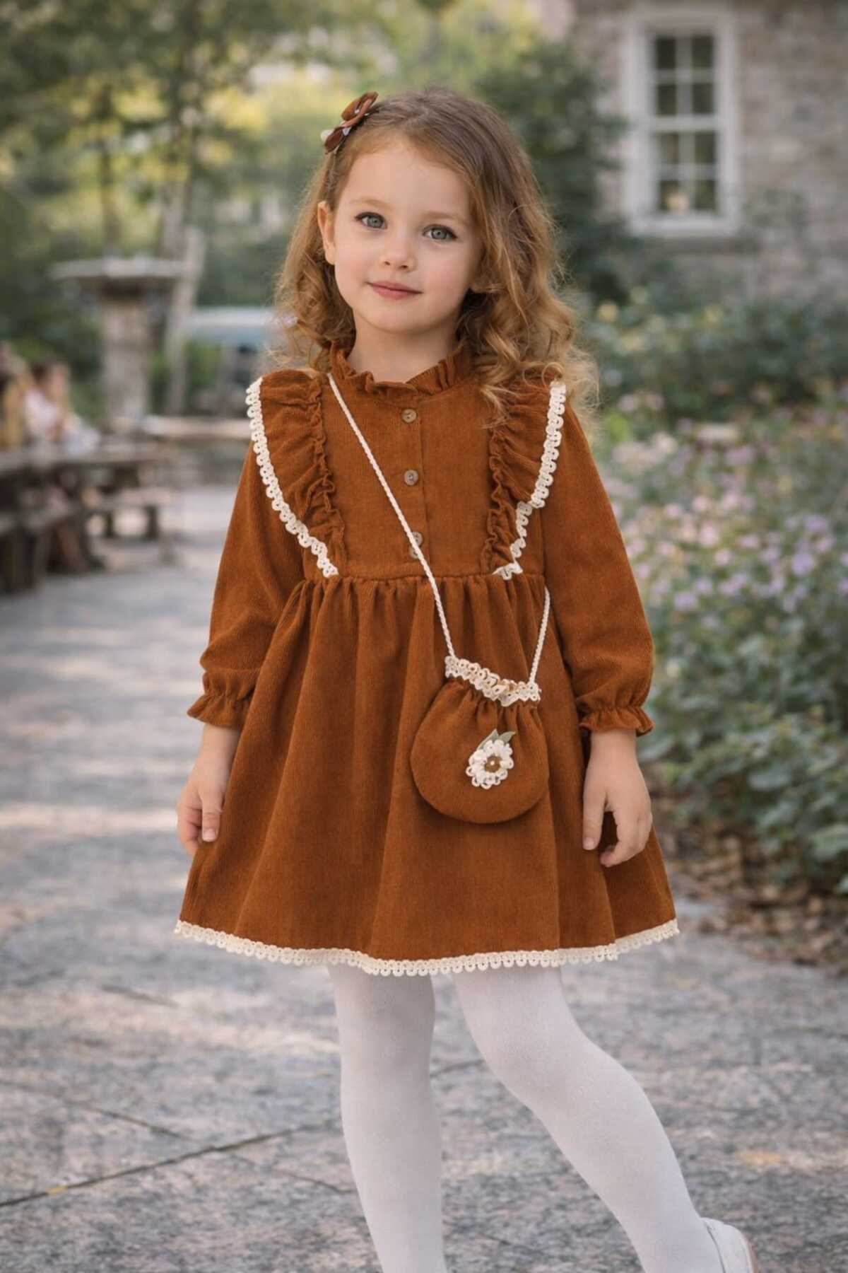 Girls' Brown Seasonal and Winter Salopette Holiday Dress with Bag and Lace (2-3-4-5 YEARS OLD)