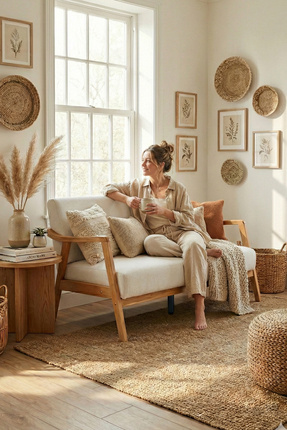 Zem Sevilla Bohem Ikili Kanepe Natürel Ahşap, Kırık Beyaz