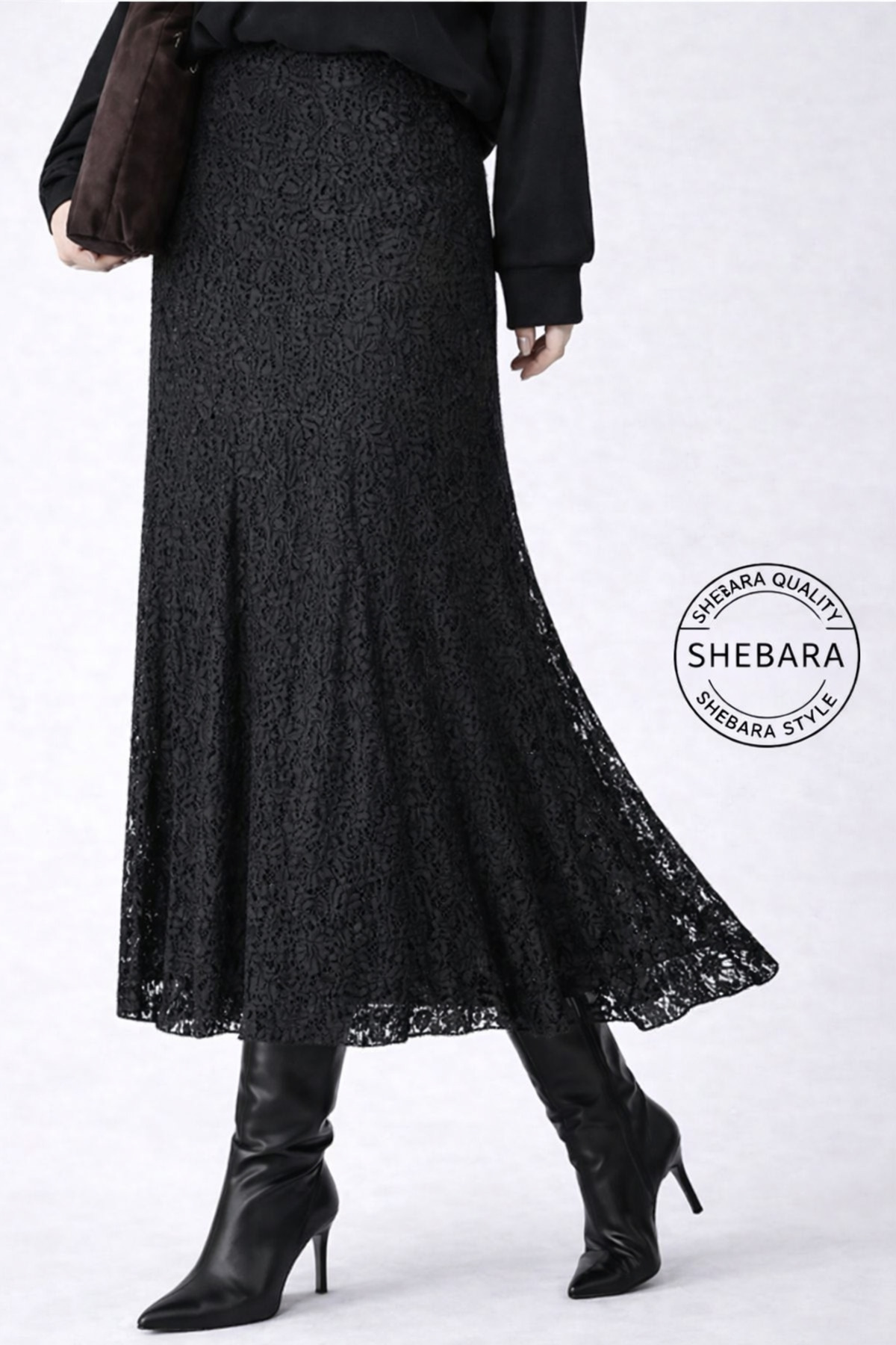 SHEBARA  Dantel Yüksek Bel Lastikli Rahat Etek - Görsel 4