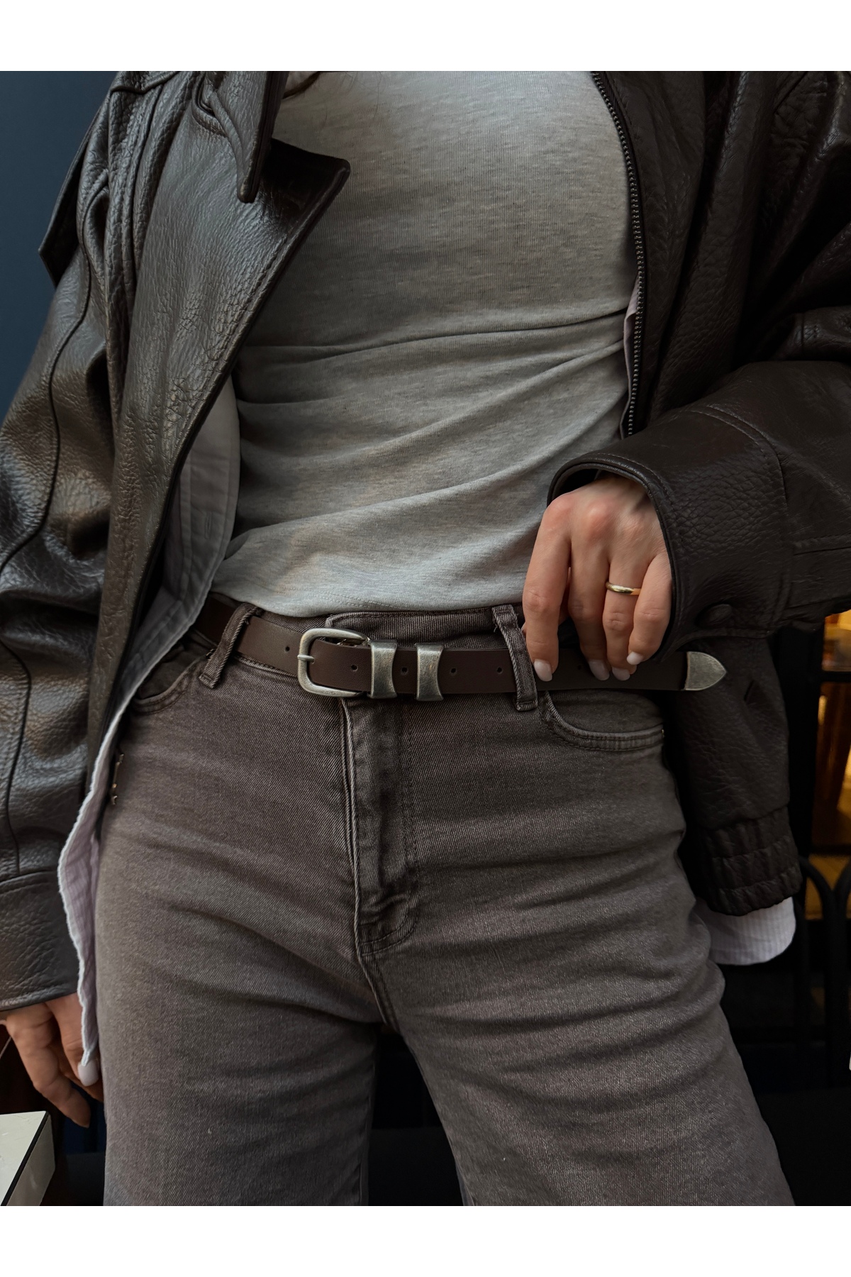 coaksco Kadın Eskitme Silver Acı Kahverengi Çift Köprülü Trend Jean & Pantolon & Etek & Ceket & Şort Kemeri