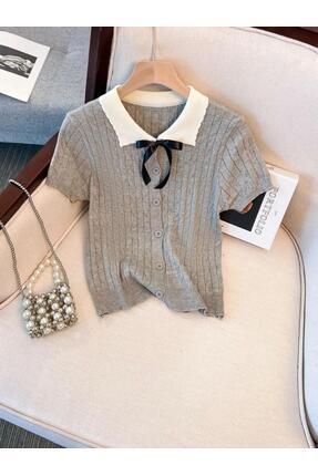 De Pose Kadın Bebe Yaka Kurdele Düğme Detaylı Basic Saç Örgü T-Shirt