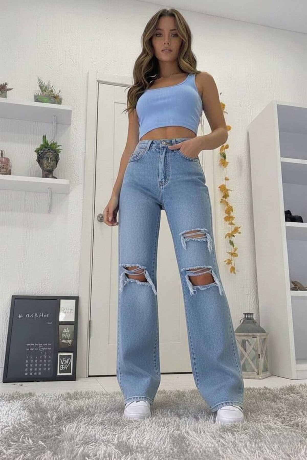 Trn JNS Christian Lycra Γυναικείο ανοιχτό μπλε σκισμένο τζιν παντελόνι με σού...