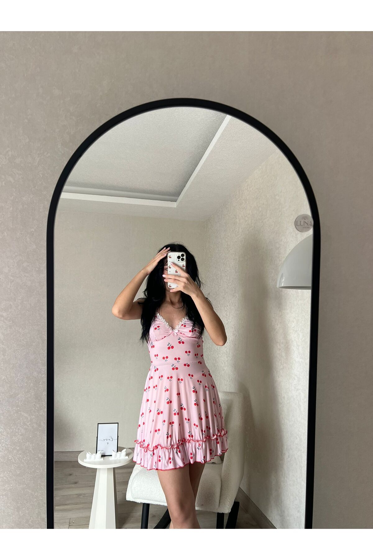 Luna Wear Kiraz Desenli Fırfırlı Gecelik