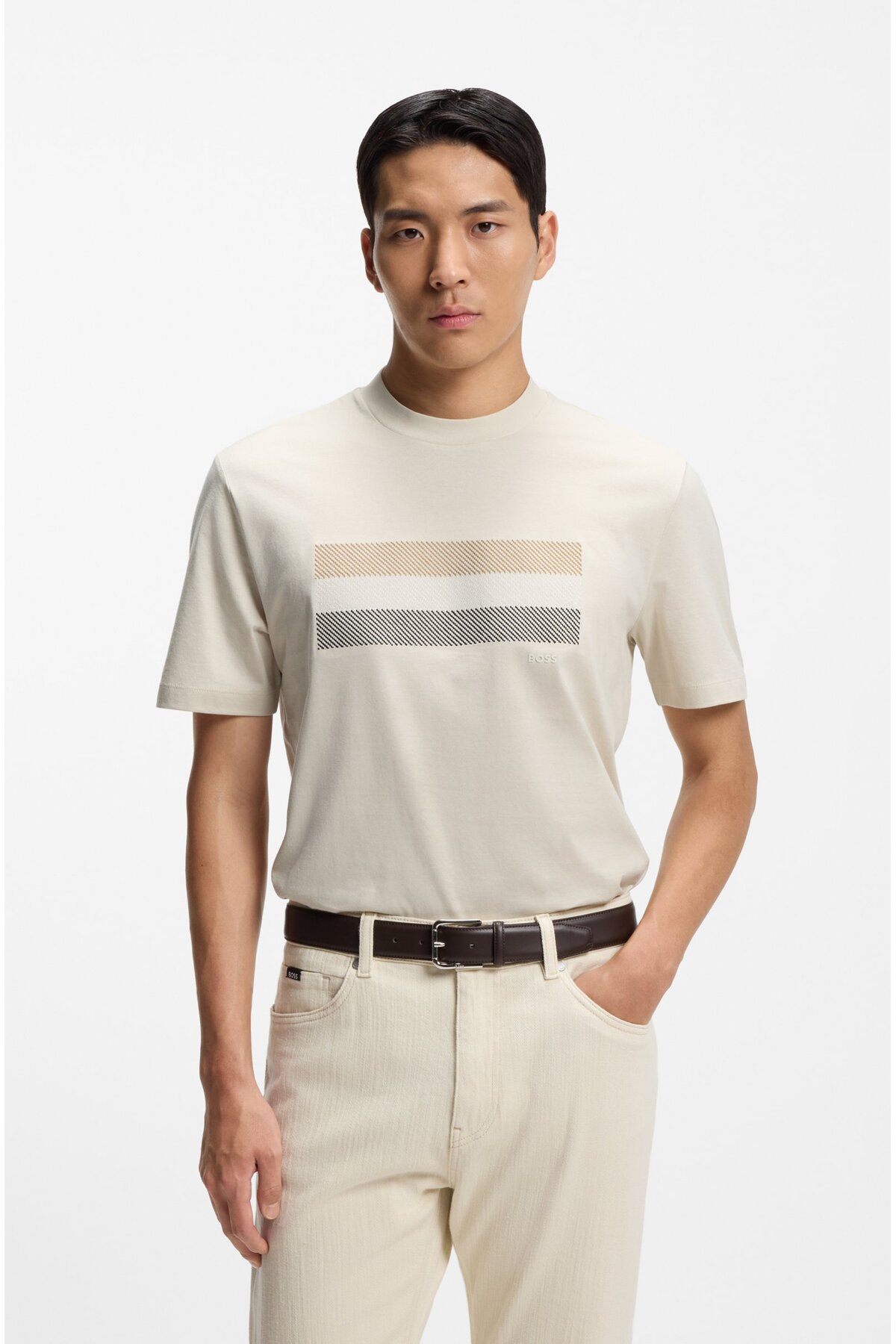 باس تی‌شرت مردانه یقه گرد طرح گلدوزی شده نخی آستین کوتاه بژ 50556354-131