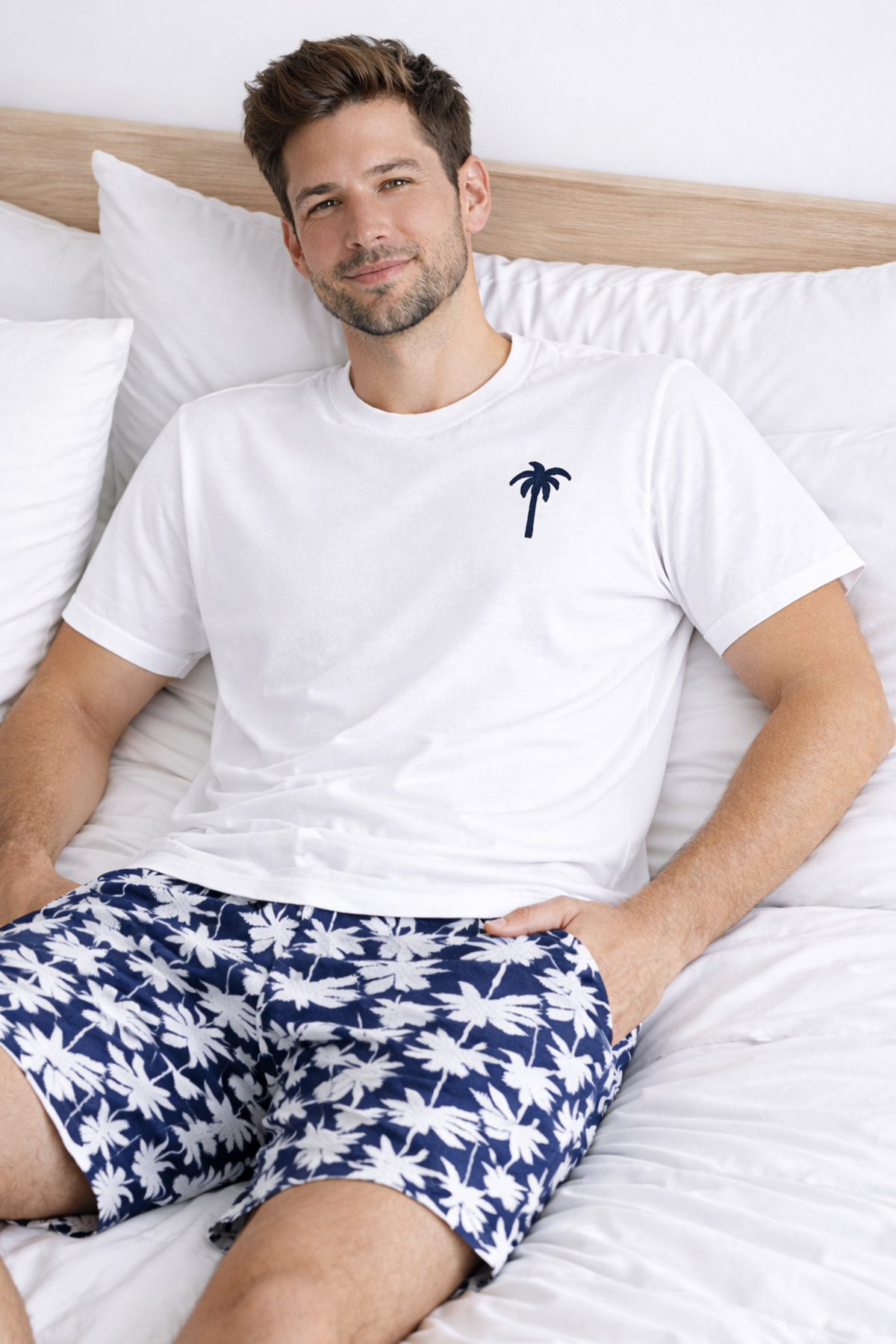 koza iç giyim  Erkek Pamuklu Kısa Kollu Palmiye Desenli Cepli Şortlu Pijama Takımı