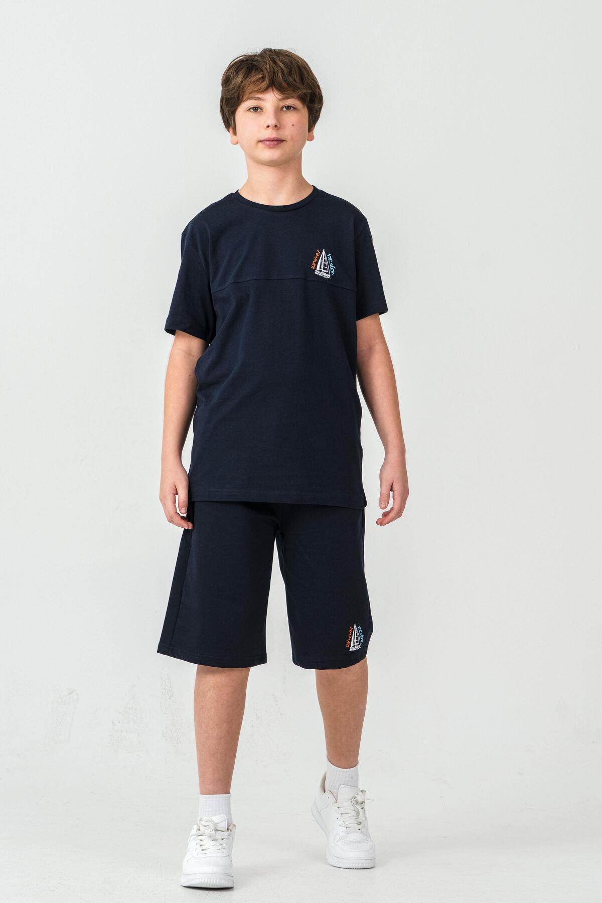 Boy's Shorts - T-shirt Set with Front Chest Embroidery and Back Print, Left Leg Embroidery