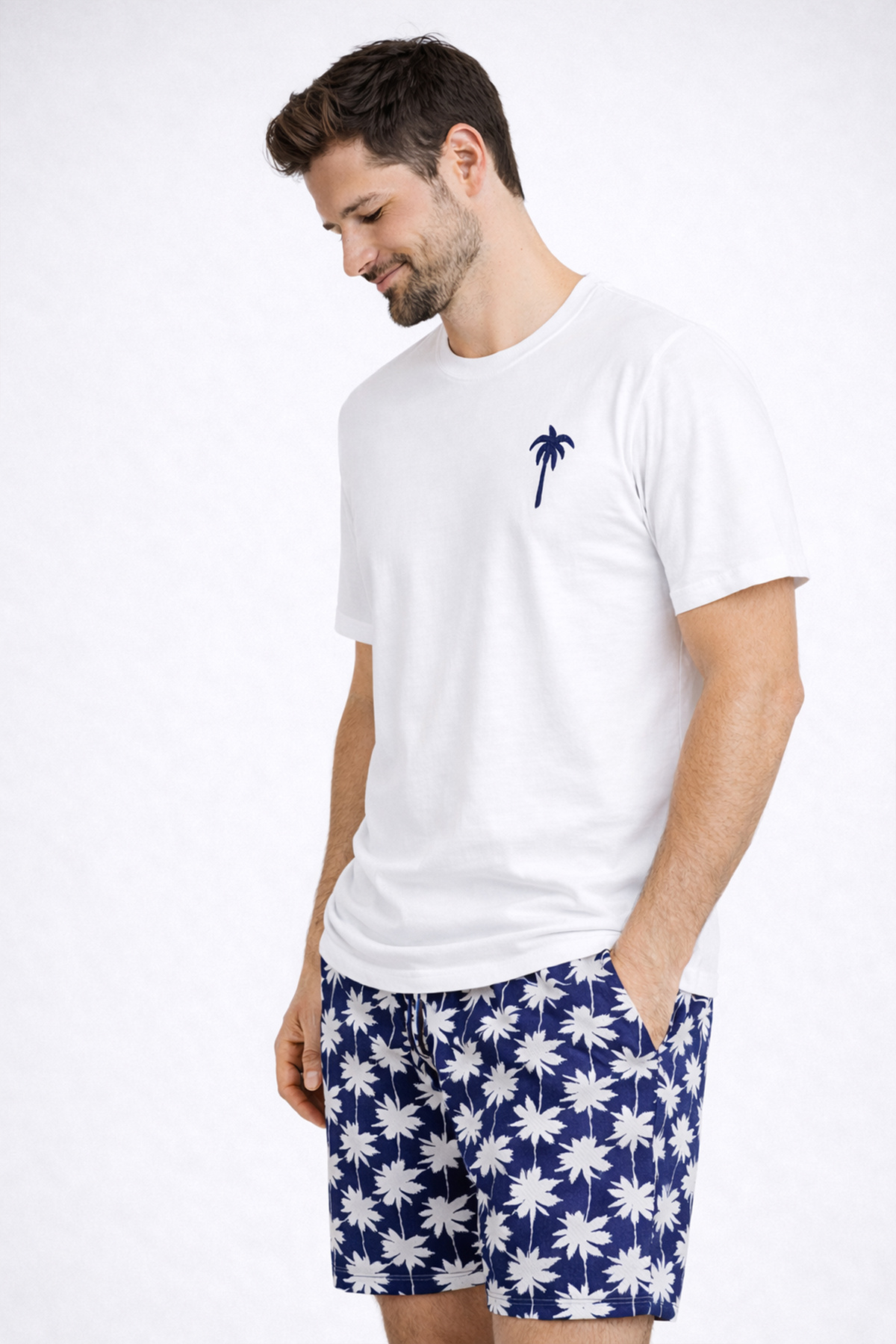 koza iç giyim  Erkek Pamuklu Kısa Kollu Palmiye Desenli Cepli Şortlu Pijama Takımı - Görsel 3