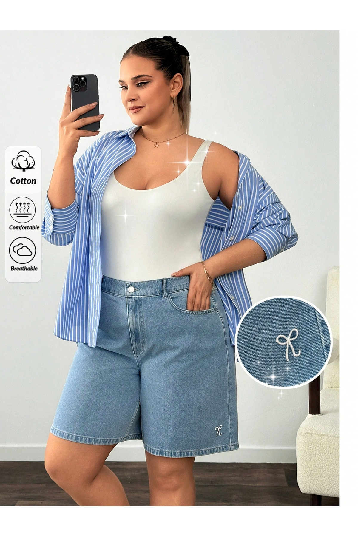 connemara  Jeans Kadın Mavi Battal Denim Şort – Yüksek Bel Rahat Kalıp Günlük Jean Şort