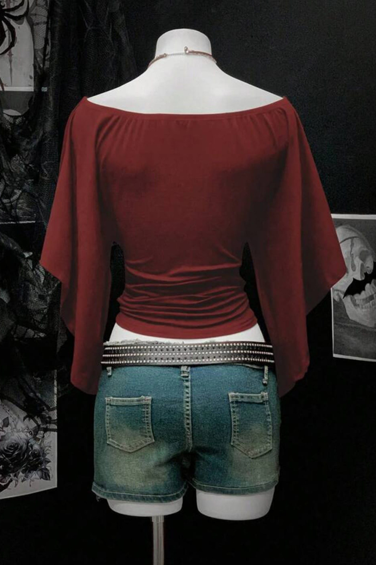 Köstebek  Bordo Madonna Yaka Yarasa Kol Düz Y2K Uzun Kollu Crop - Görsel 2