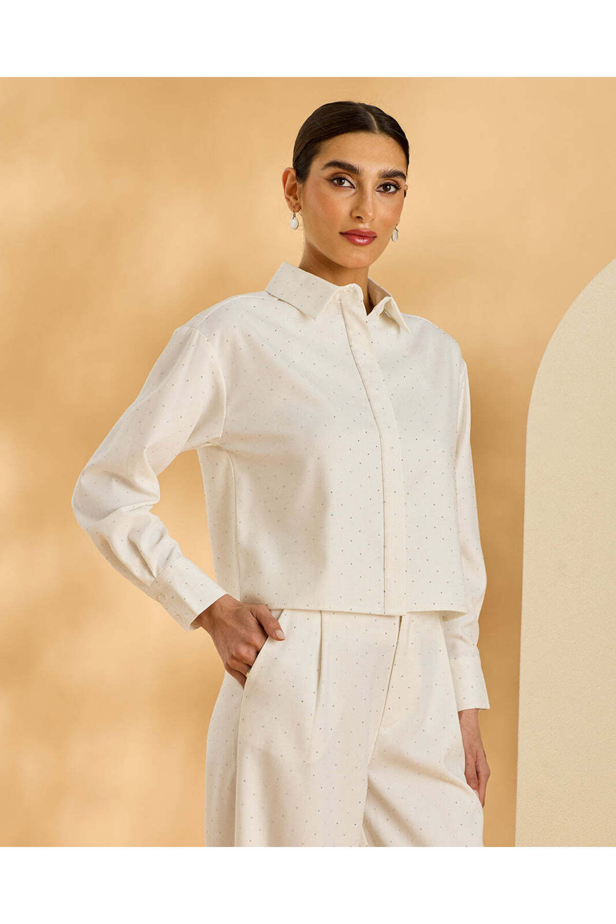 REDTAG Women Ivory Studded Cropped Shirt