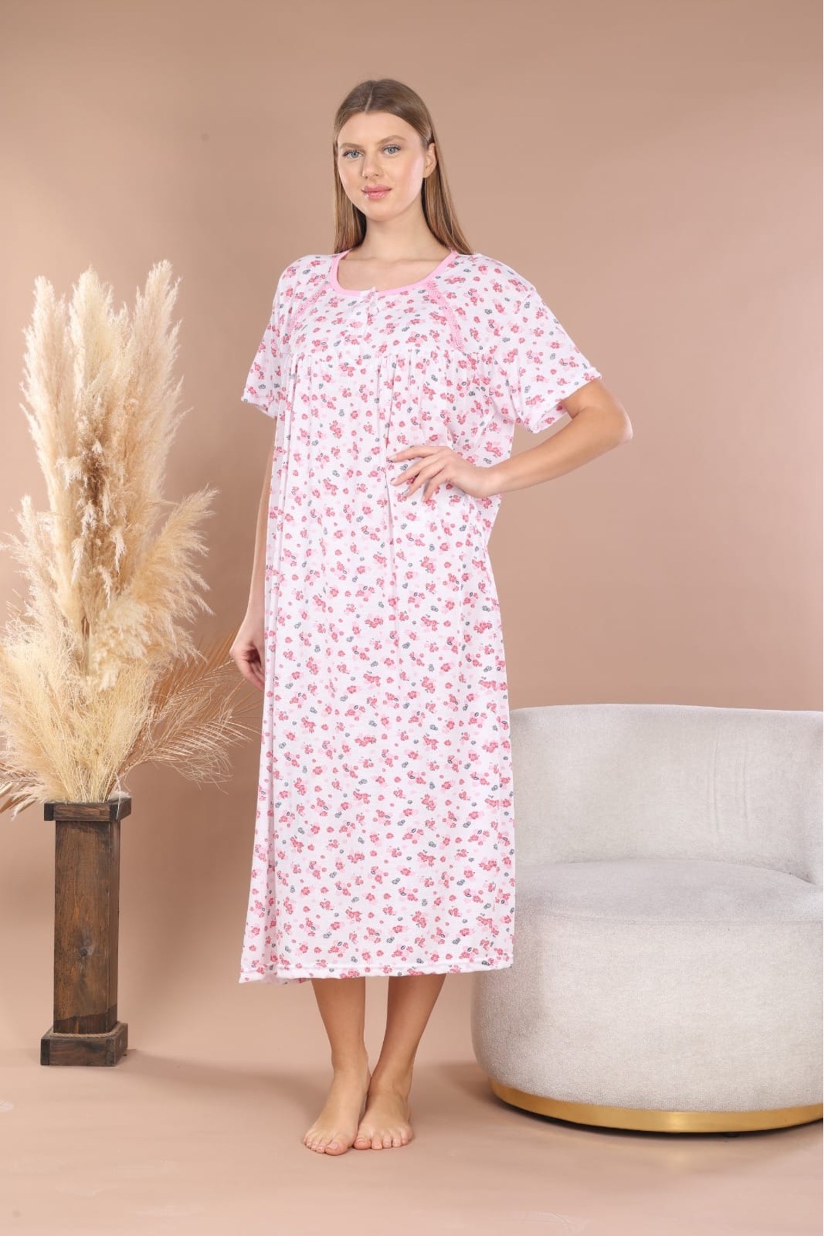 ZBTEKS Mevsimlik Pamuklu Bol Kesim Geniş Kalıp Oversize Kısa Kollu Anne Gecelik