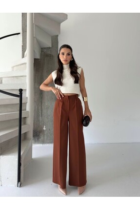 Markasız ucuz Kadın Yüksek Bel Bol Paça Kumaş Pantolon – Şık Ofis Stili