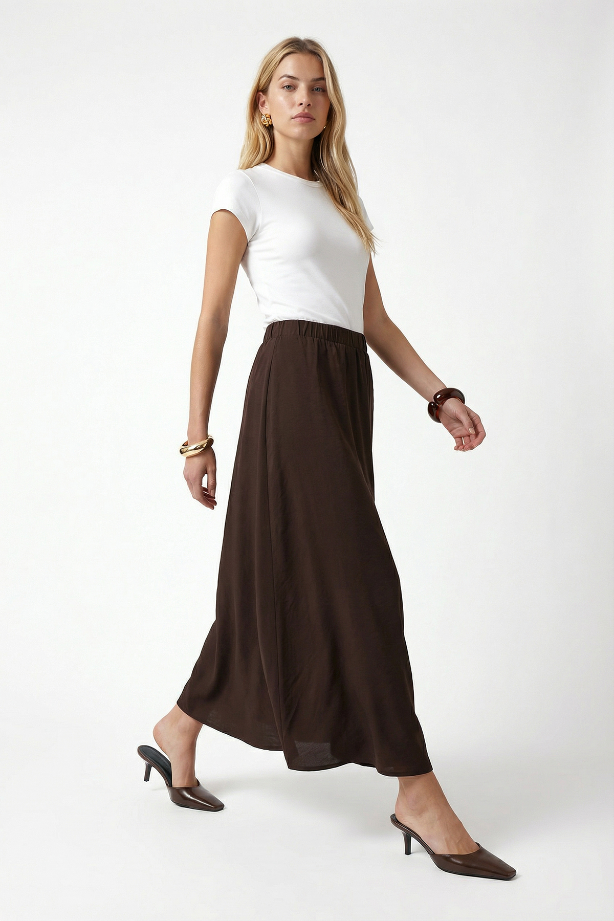 Ritnice  Kadın Becca Gloss Cepli Bel Lastikli Kahverengi Uzun Dokuma Etek - Görsel 3