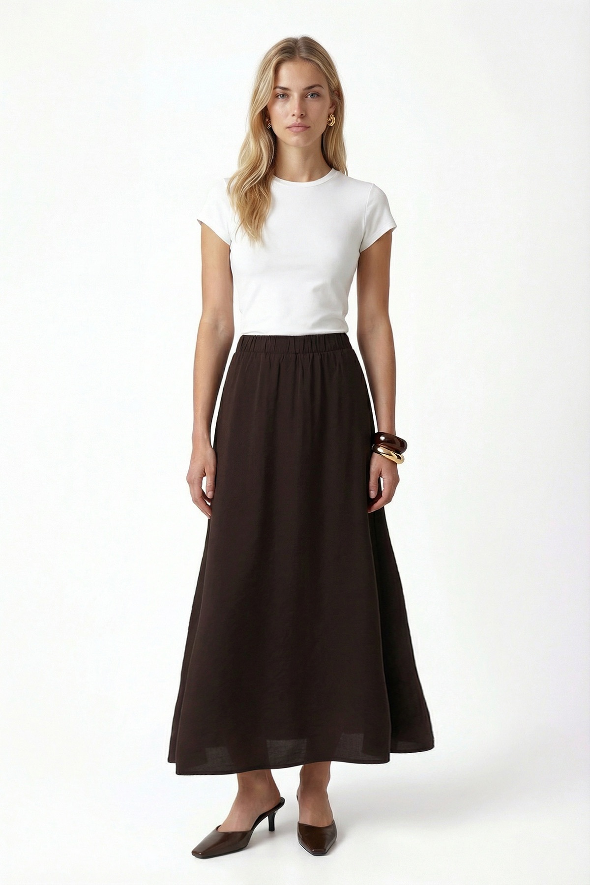 Ritnice  Kadın Becca Gloss Cepli Bel Lastikli Kahverengi Uzun Dokuma Etek - Görsel 5