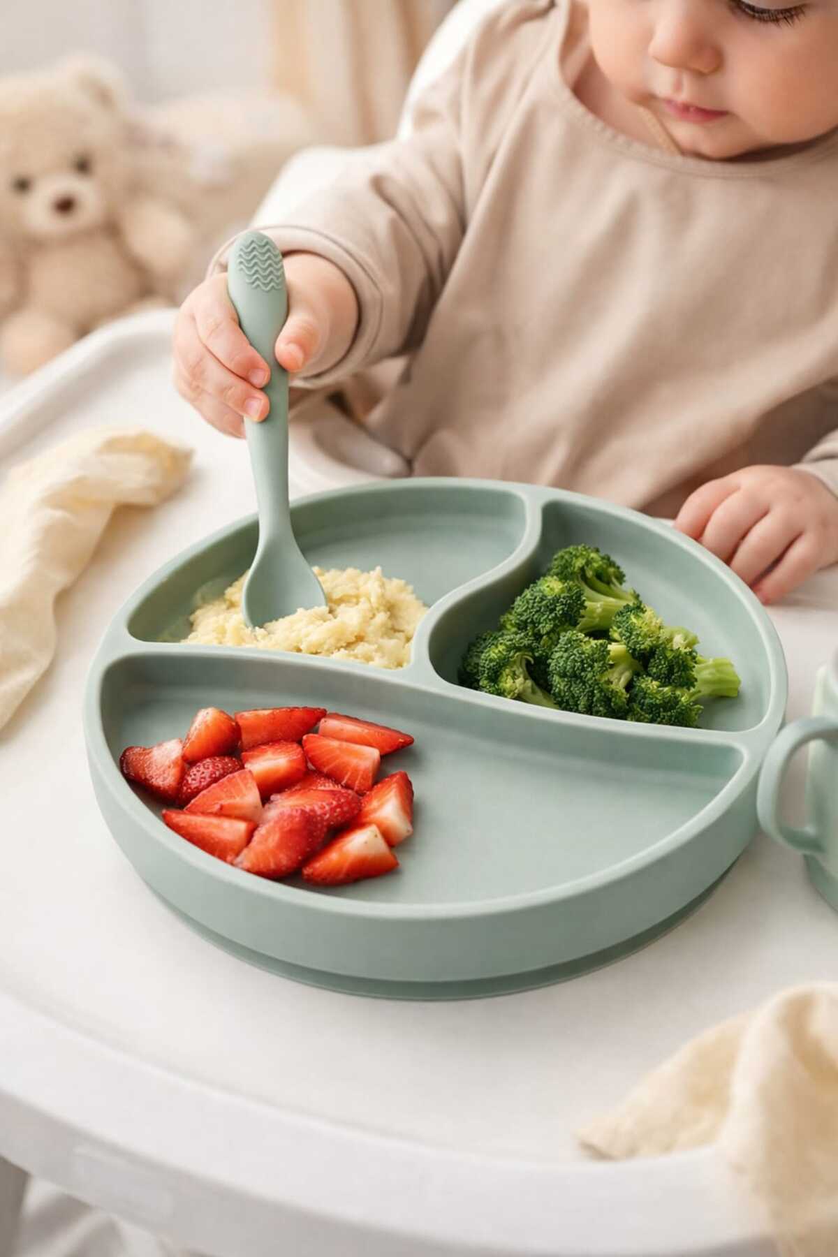 CKM silikon 2'Li Bebek Beslenme Seti Vakumlu Mama Tabağı-Mama Kaşığı Mint Yeşili fotoğrafı 2 (önizleme)