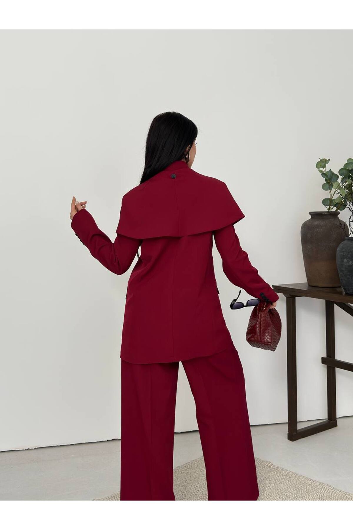 Damen Cape-Detail-Kostüm Bordeaux - Görsel 8