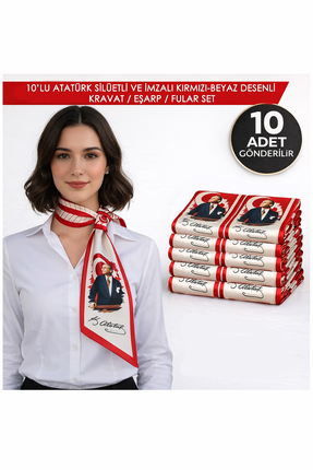 tarzınısec 10’lu Atatürk Silüetli ve İmzalı Kırmızı-Beyaz Desenli Kravat / Eş...