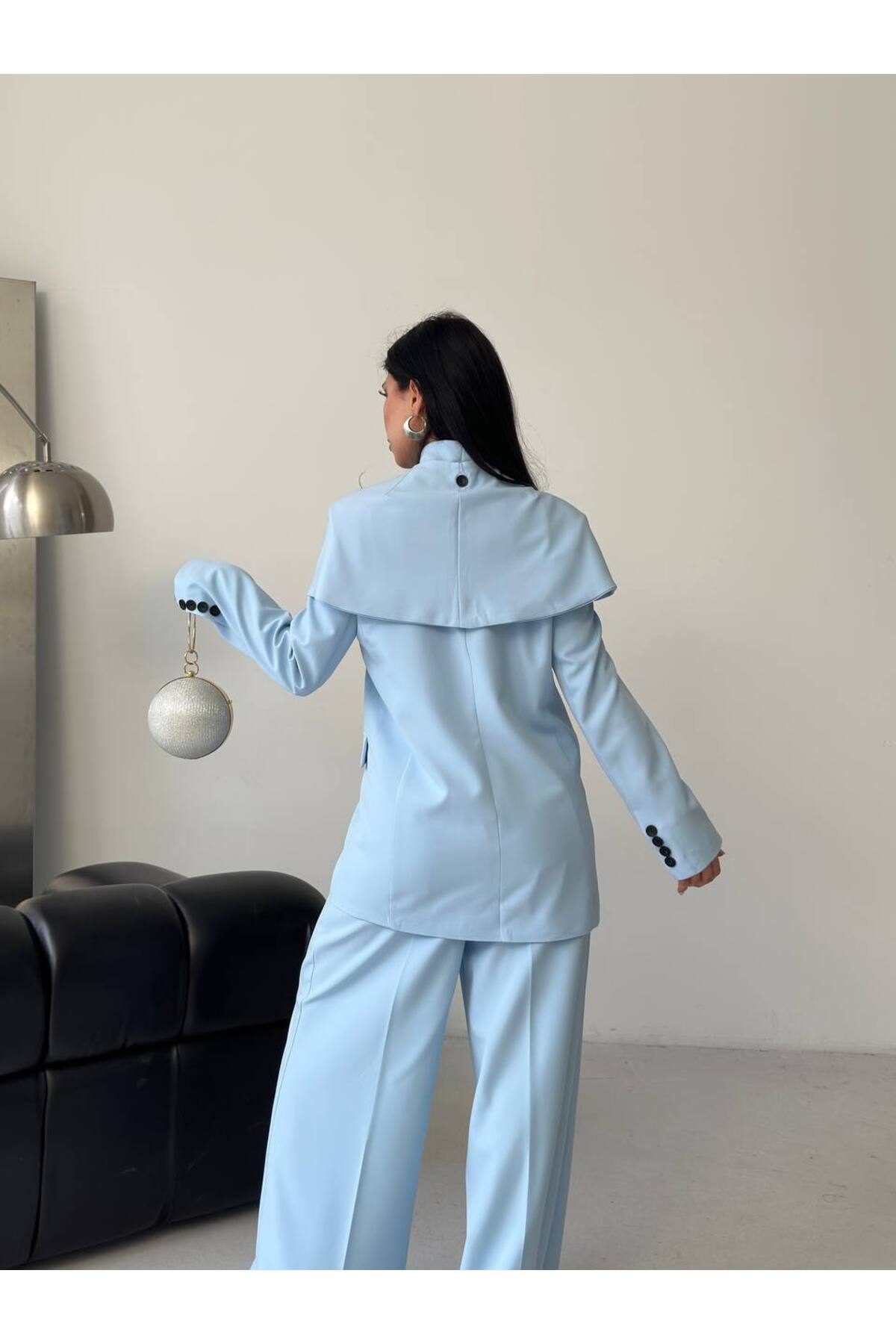 Damen Cape-Detail-Kostüm Blau - Görsel 8