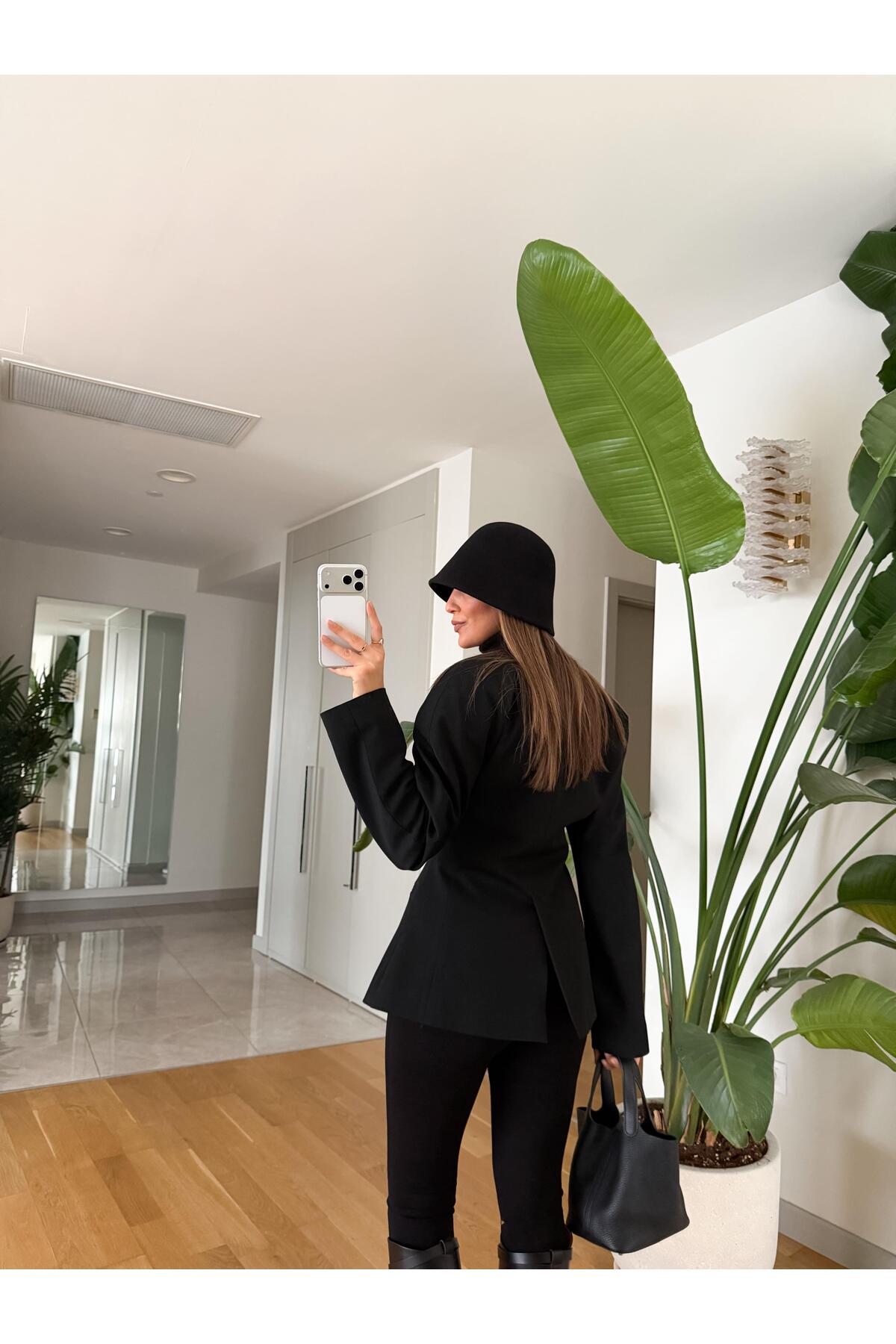 MERVE AKSOY  Özel Seri Premium Belden Oturmalı Ceket - Siyah - Görsel 4