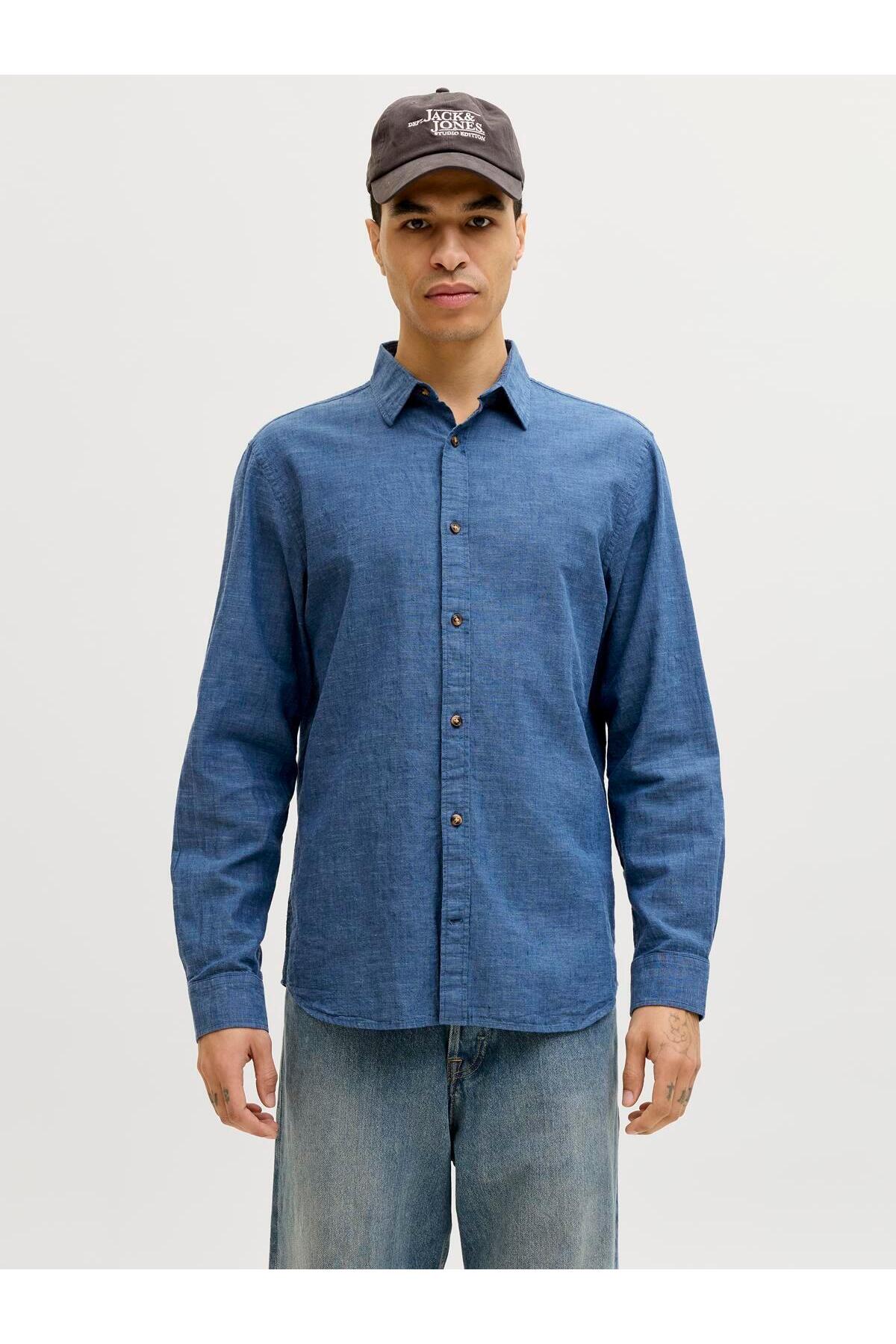 پیراهن نخی ترکیبی JJESUMMER L/S SN سرمه‌ای بلیزر جک اند جونز پیراهن Jack & Jones