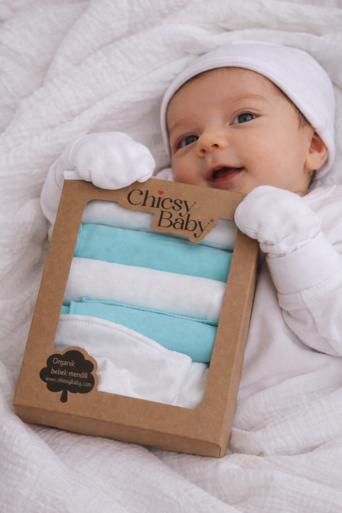 Chicsy Baby %100 Pamuklu Bebek Ağız Mendili 2 çift Takım Eldiven Yumuşak Yenidoğan Set fotoğrafı 4 (önizleme)