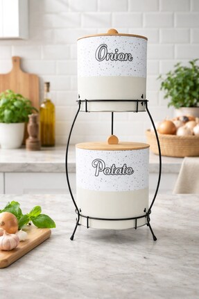 Decorev Bambu Kapaklı Metal Patates Soğanlık Krem Taş Desenli STANDLI