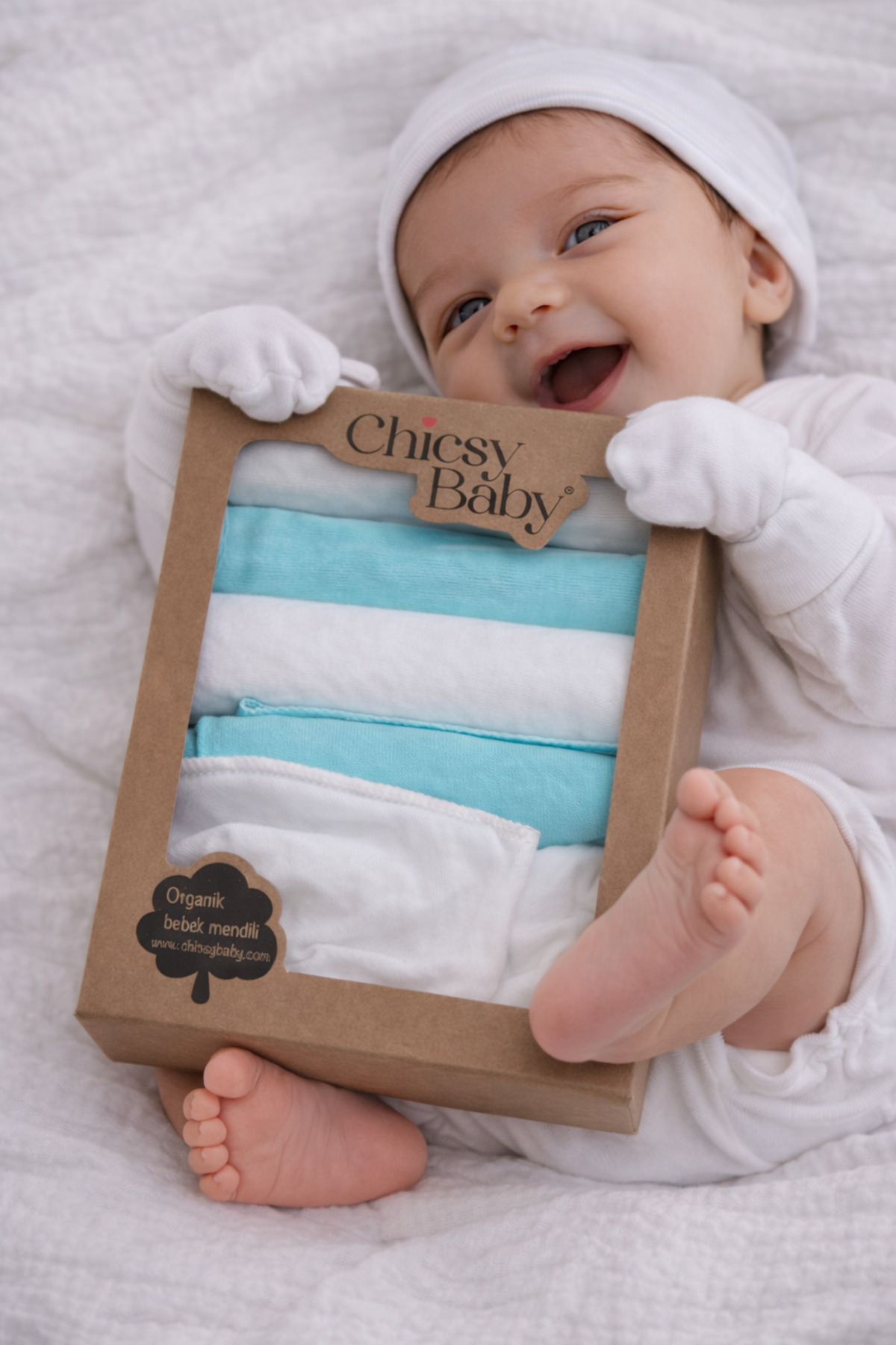 Chicsy Baby %100 Pamuklu Bebek Ağız Mendili 2 çift Takım Eldiven Yumuşak Yenidoğan Set fotoğrafı 6 (önizleme)