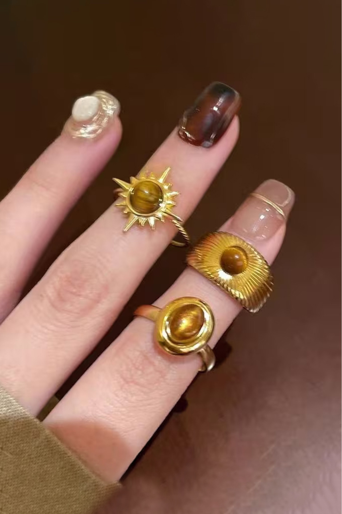 The Collection 3'lü Kombin Kahverengi Taşlı Gold Vintage Ayarlanabilir Yüzük Set görsel 4