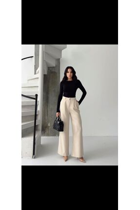 Markasız ucuz Kadın Bej Yüksek Bel Bol Paça Kumaş Pantolon – Şık Ofis Stili