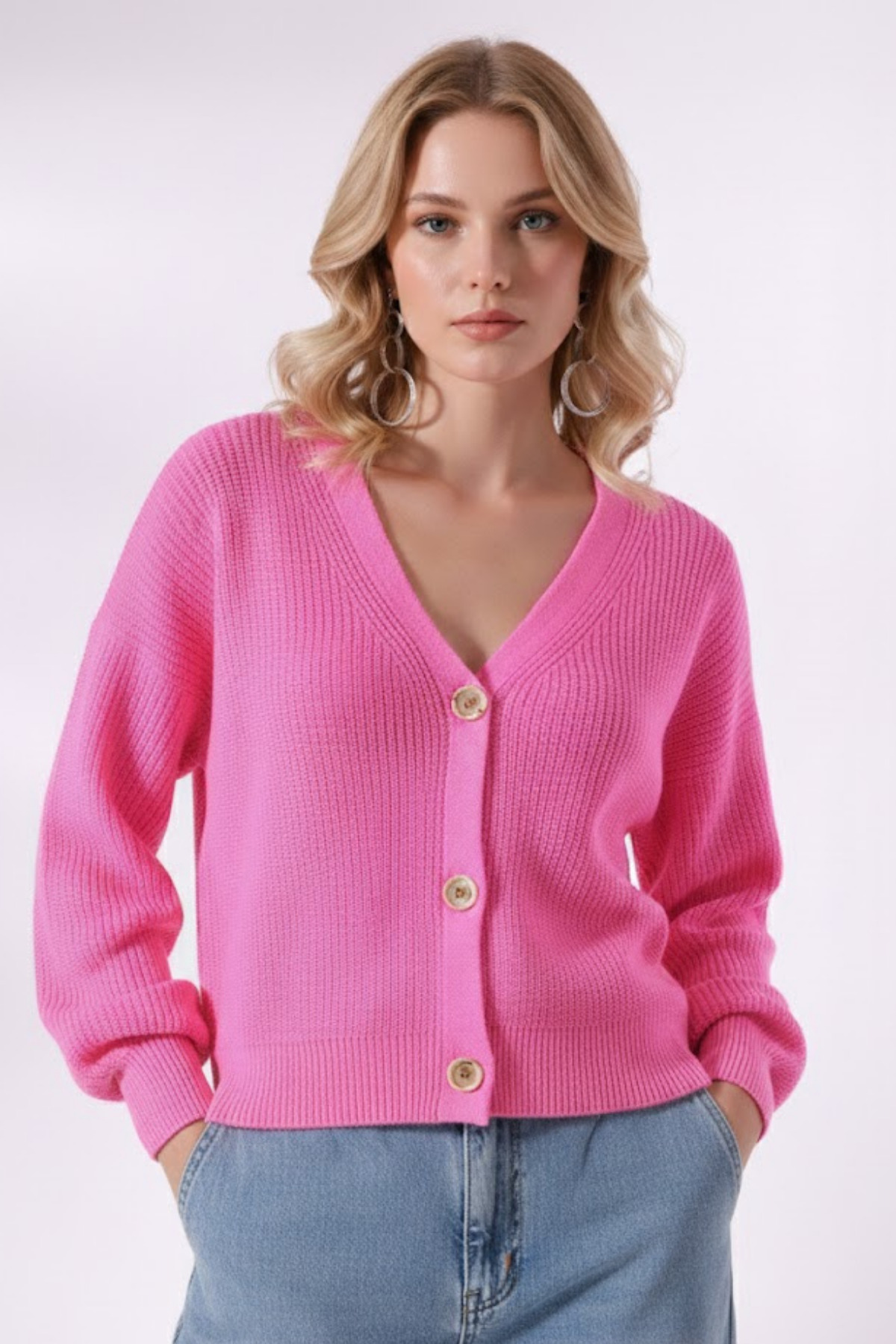 Devinka  Kadın Şeker Pembe 3 Düğmeli V Yaka Hırka - Görsel 2
