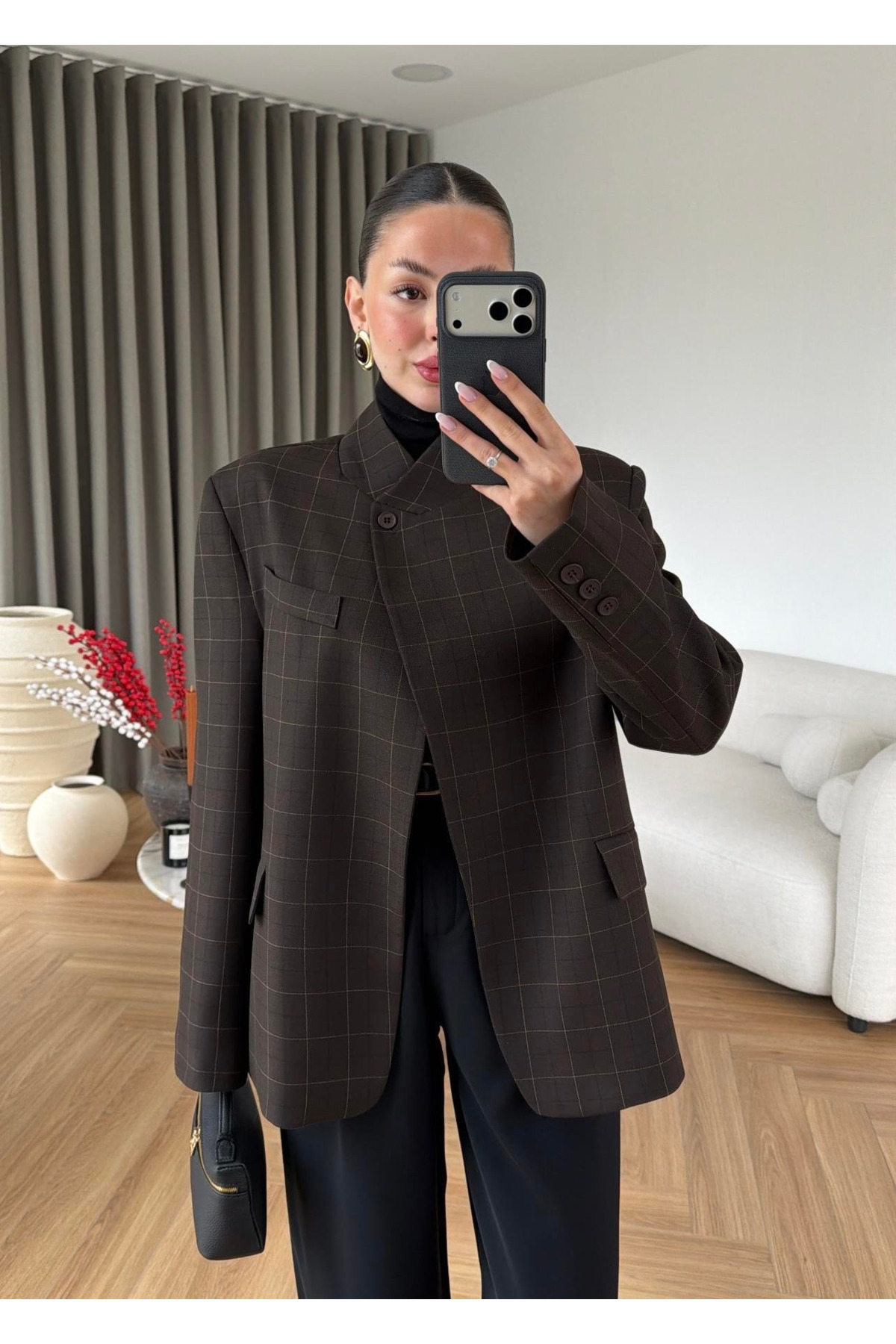 My Blog  Kahverengi Dik Yakalı Ekose Ceket - 4103