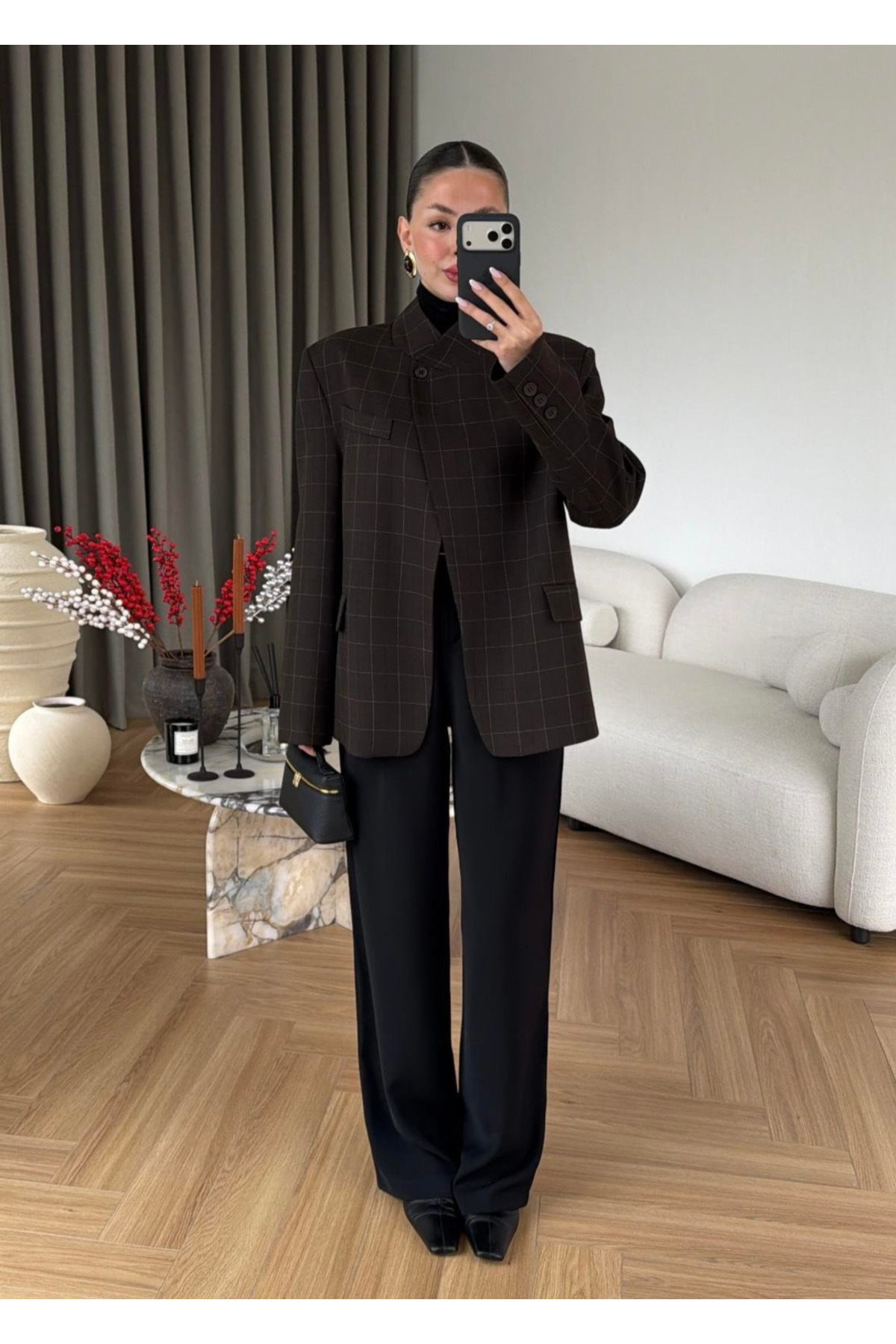 My Blog  Kahverengi Dik Yakalı Ekose Ceket - 4103 - Görsel 7