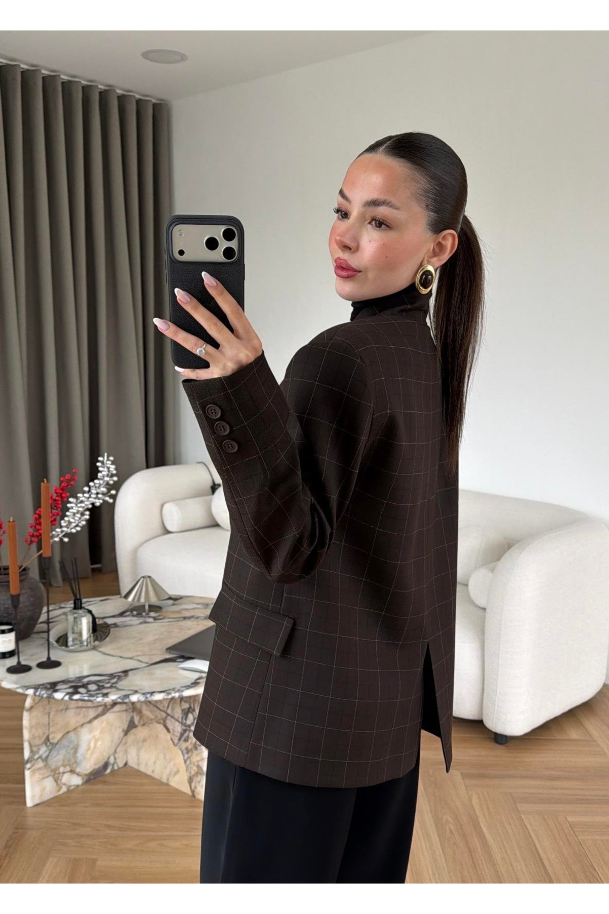 My Blog  Kahverengi Dik Yakalı Ekose Ceket - 4103 - Görsel 6