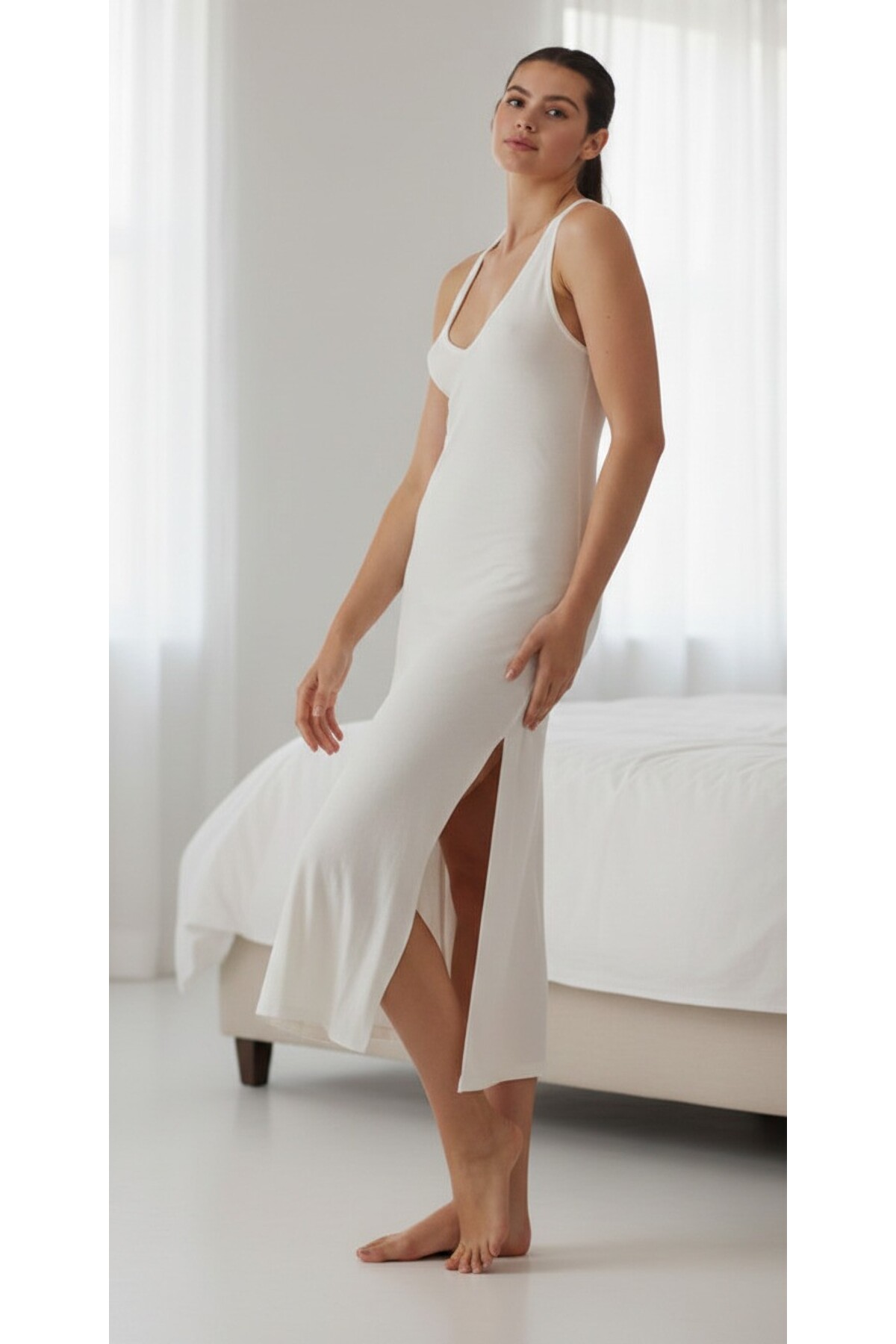 Dorelux Sıfır Kol Beyaz Gecelik