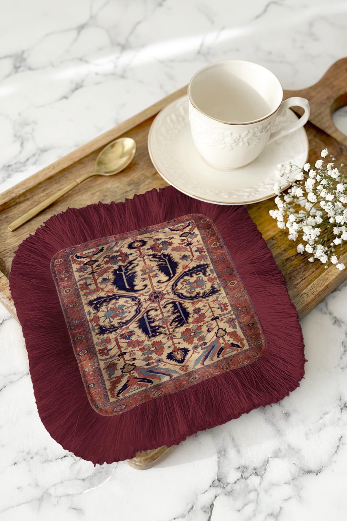 Authentic Motif Fringed Bohemian Serving Napkin - Classic Bohemian Claret Red Beige Coaster Handkerchief