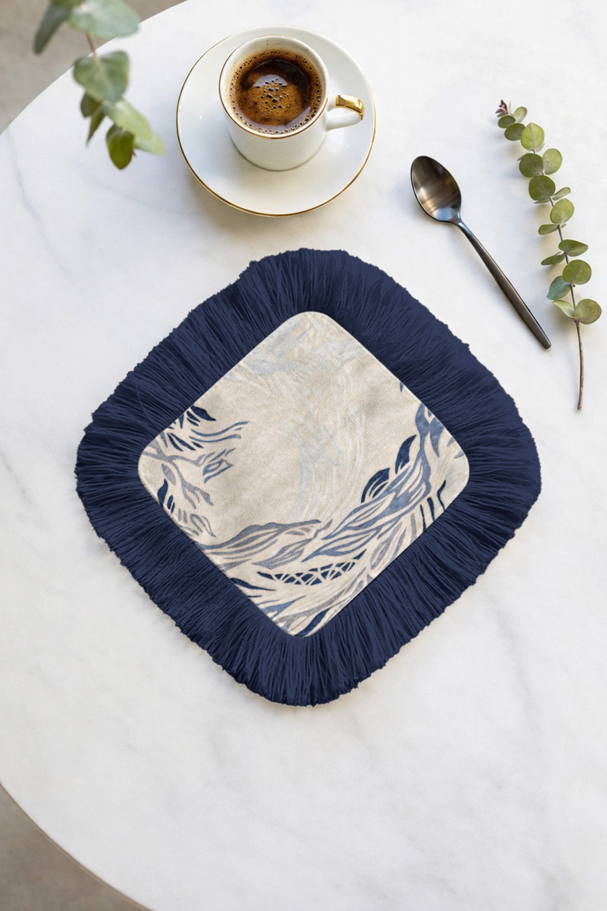 Luxurious Wave Pattern Fringed Presentation Decoration Wipes-Elegant Fluid Blue Bohemian Cream Coffee Side Napkin