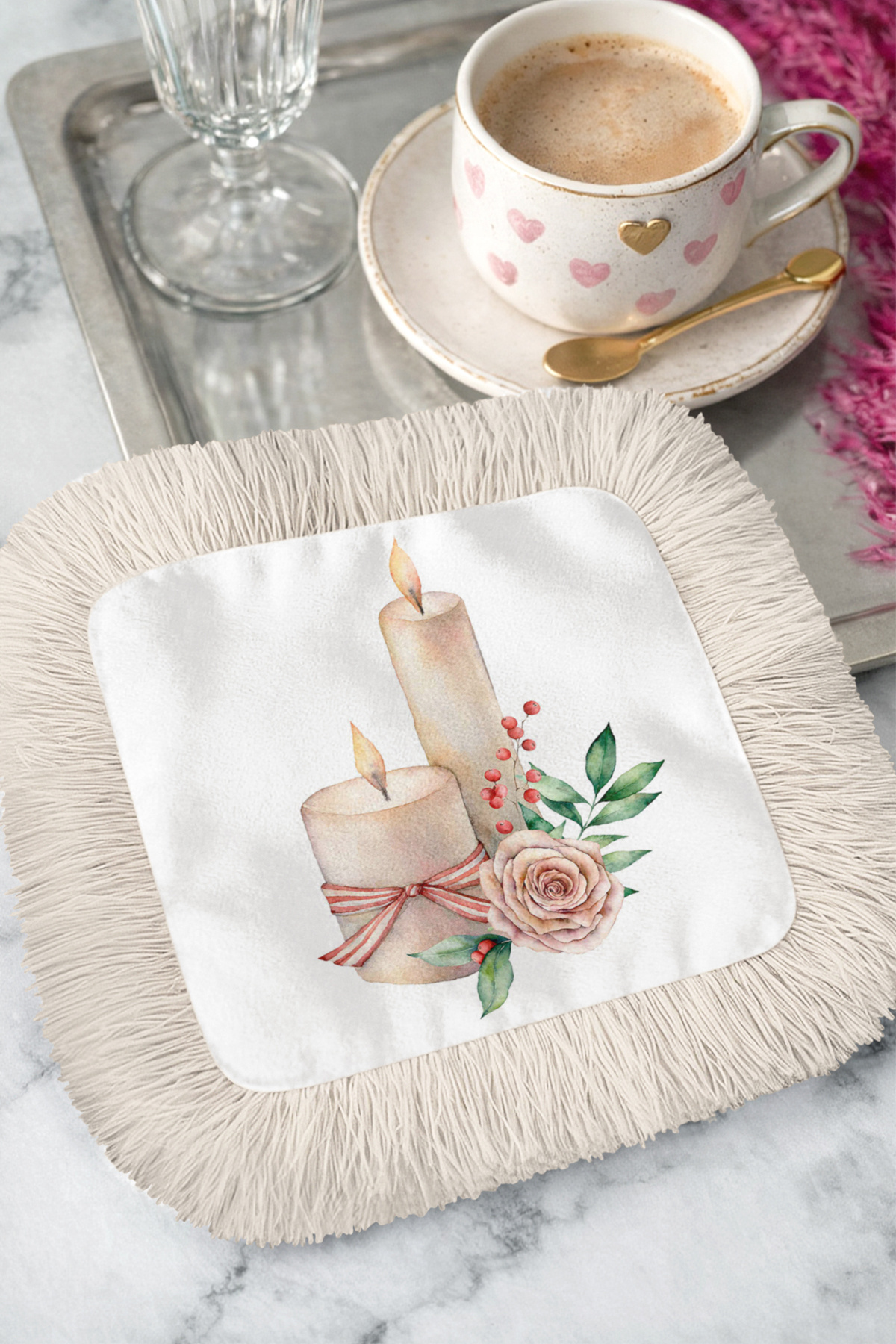 Romantic Candle Flower Fringed Coffee Side Presentation Napkin - Vintage Rustic Rose Beige Coaster Handkerchief