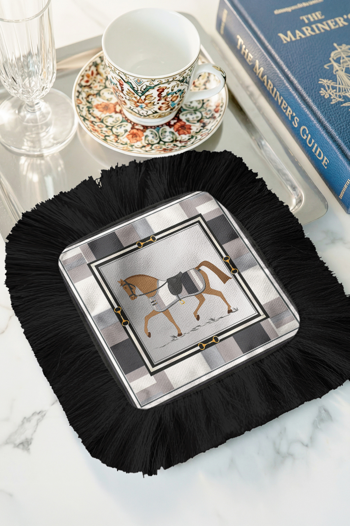 Luxury Horse Pattern Fringed Presentation Napkin - Classic Equestrian Bohemian Black Gray Coffee Side Presentation Wipes