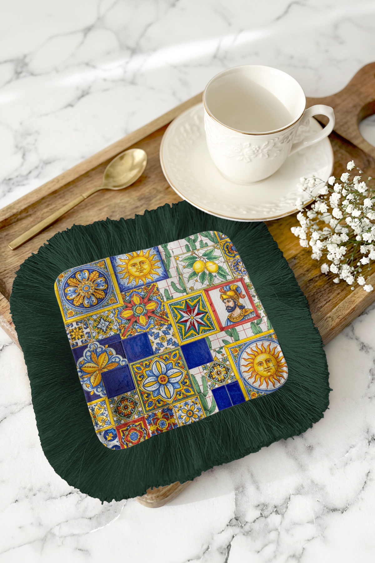 Mediterranean Inspired Mosaic Fringed Serving Napkin - Colorful Rustic Luxury Navy Blue Coaster Handkerchief