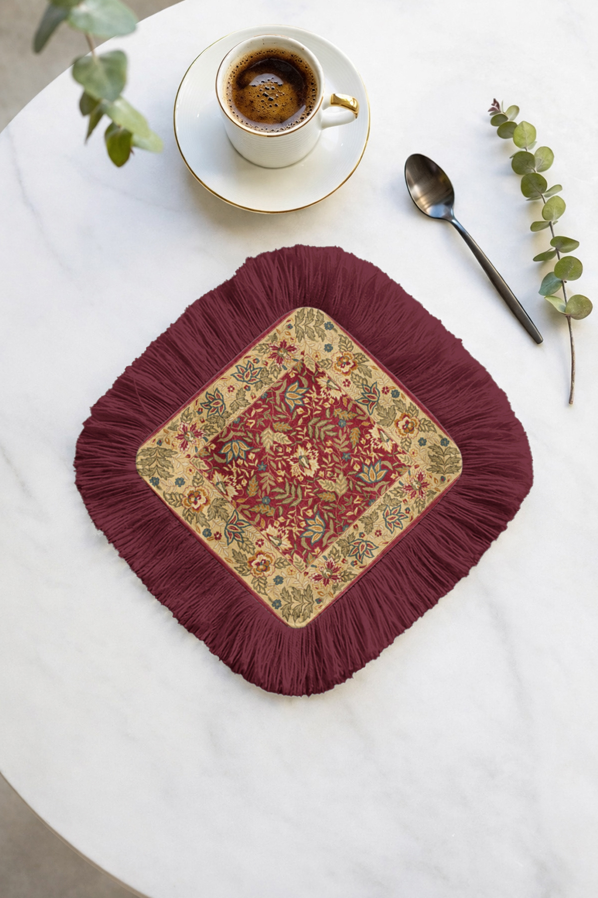 Palace Magnificent Fringed Serving Napkin - Bohemian Claret Red Coaster with Vintage Flower Motifs Handkerchief