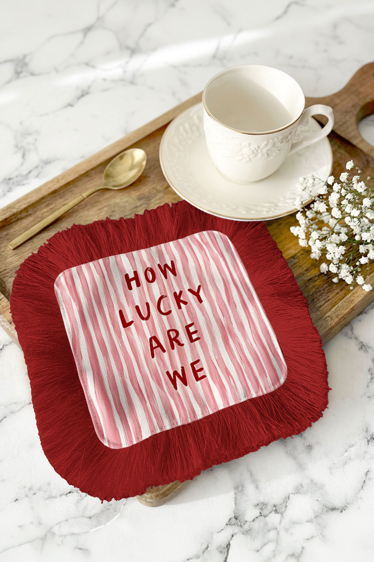 Luxury Striped Fringed Coffee Side Presentation Napkin - Vintage Inspiration Red Modern Coaster Handkerchief