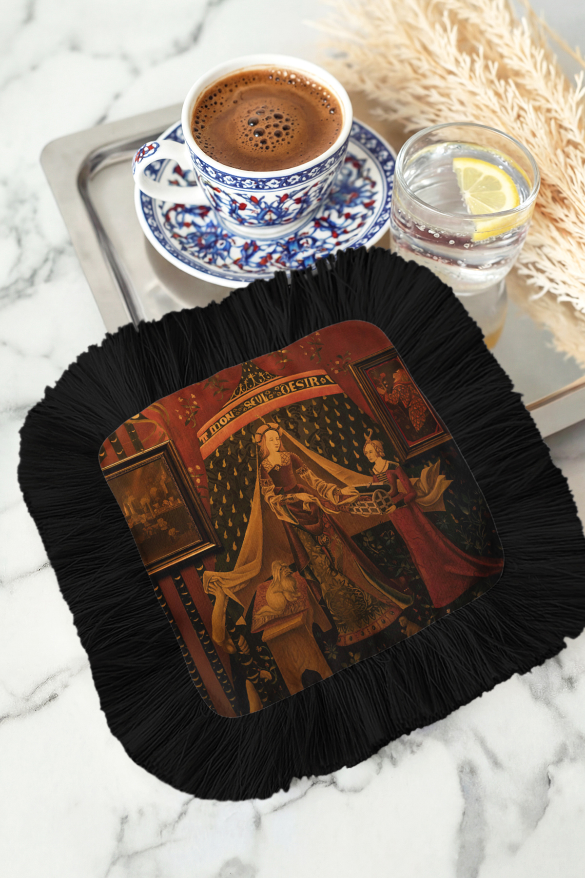 Castle Elegance Fringed Serving Napkin - Gothic Palace Rustic Dark Black Tassel Coaster Handkerchief