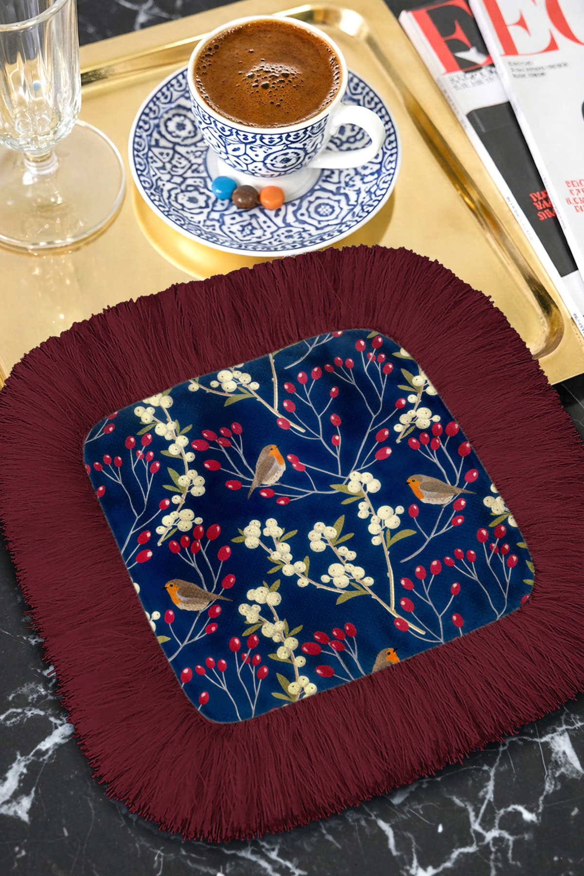 Bird Botanical Fringed Coffee Side Serving Napkin - Winter Garden Bohemian Navy Blue Claret Red Serving Wipes