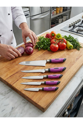 Lazoğlu Chefline 5 Parça Mor Mutfak Bıçak Seti + Meyve Bıçağı Hediyeli – Pasl...
