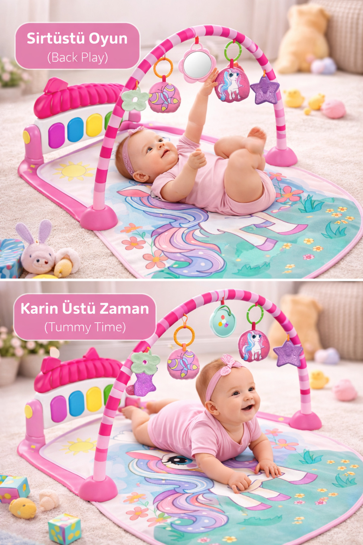 babydoor Unicorn Desenli Piyanolu Bebek Oyun Halısı 0+Ay Figürlü Işıklı ve Müzikli Gelişim Matı Pembe 558 fotoğrafı 2 (önizleme)