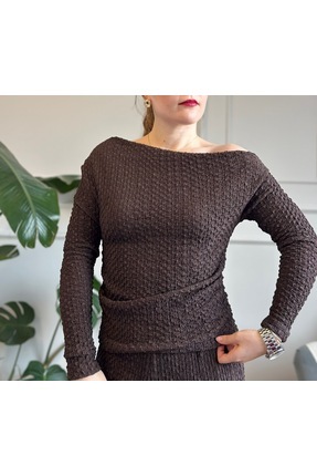 LUUN Kahverengi Büzgü Kumaş Kayık Yaka Alt-Üst Takım