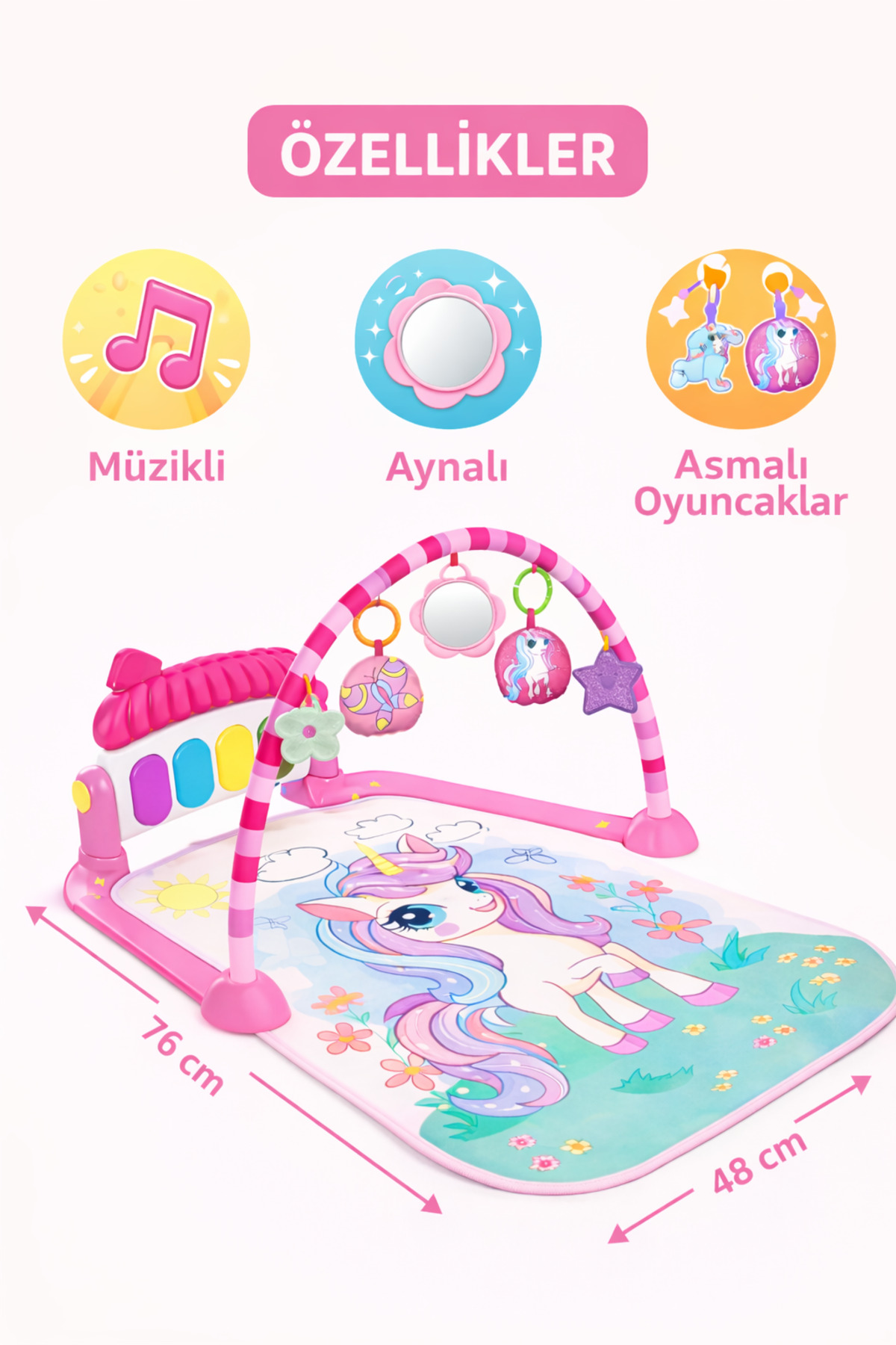 babydoor Unicorn Desenli Piyanolu Bebek Oyun Halısı 0+Ay Figürlü Işıklı ve Müzikli Gelişim Matı Pembe 558 fotoğrafı 3 (önizleme)