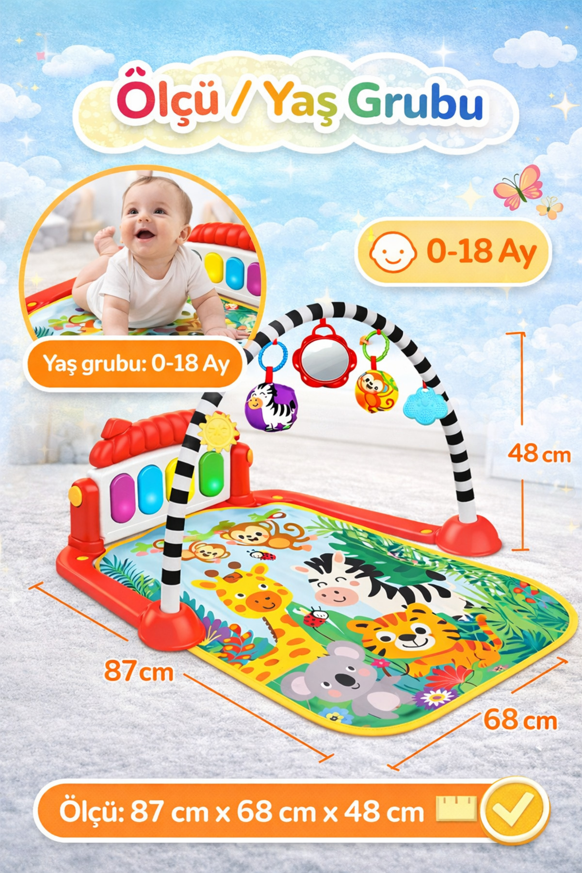 babydoor Safari Piyanolu Desenli Bebek Oyun Halısı 0+Ay Sevimli Hayvan Figürlü Işıklı ve Müzikli Gelişim Matı fotoğrafı 5 (önizleme)