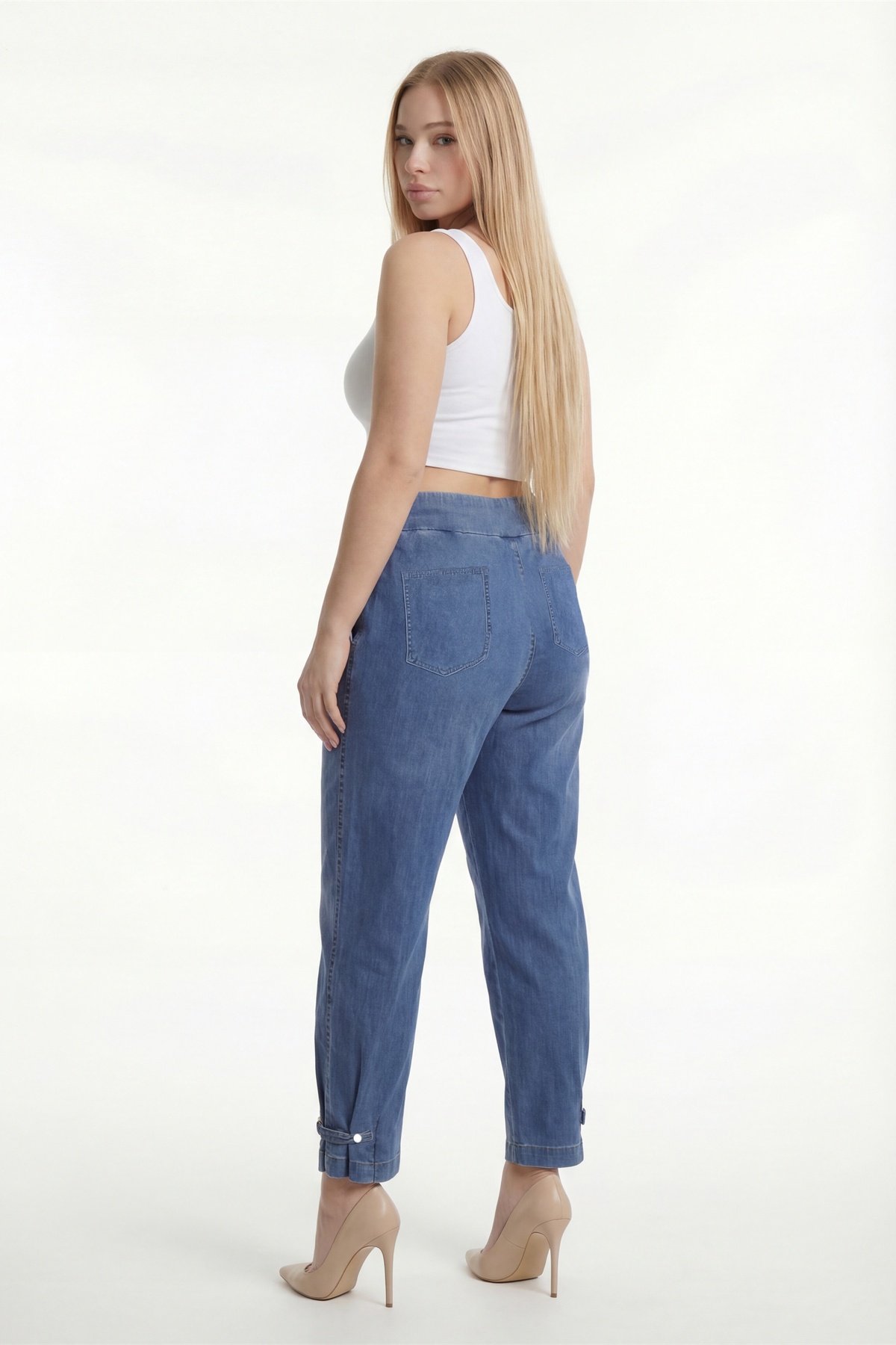 EXİTLİNE  Kadın Lacivert Sezonluk Beli Lastikli Bağcıklı Özel Aksesuarlı Denim Pantolon - Görsel 5